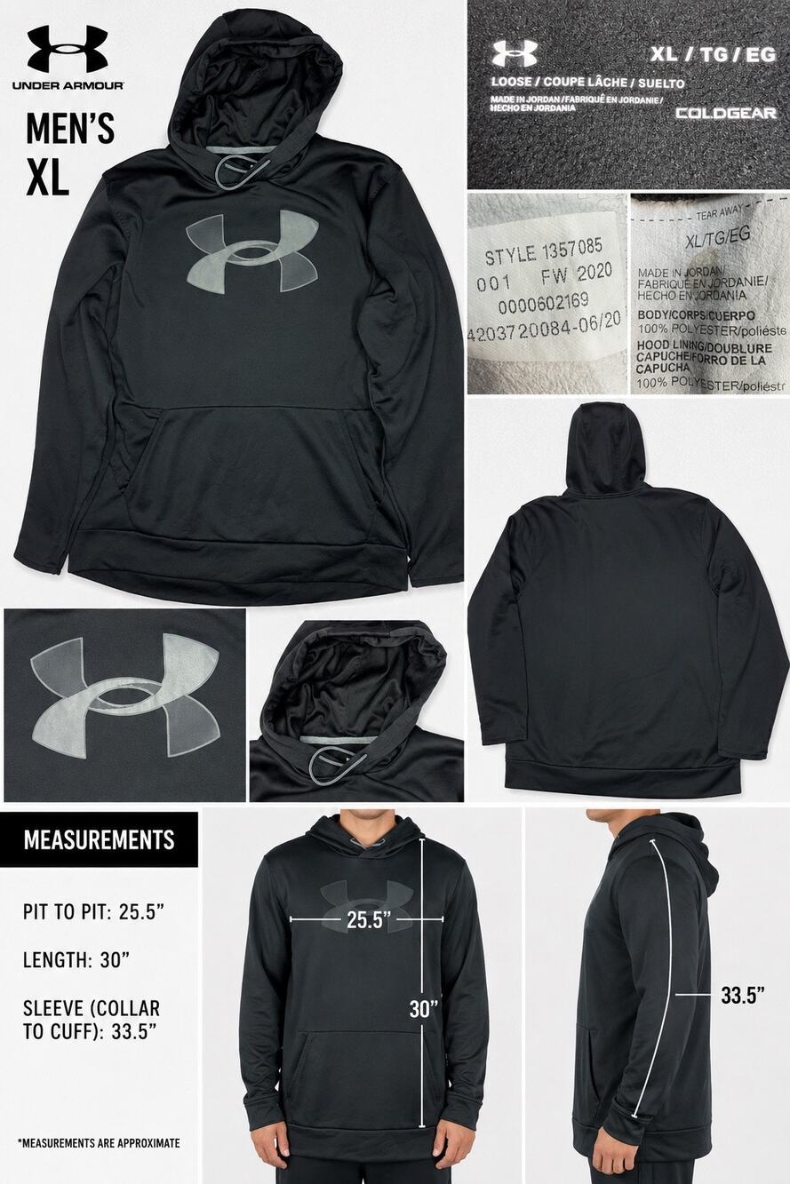 Under Armour ColdGear Hoodie Mens XL Black Loose Pullover Logo Athletic 1357085